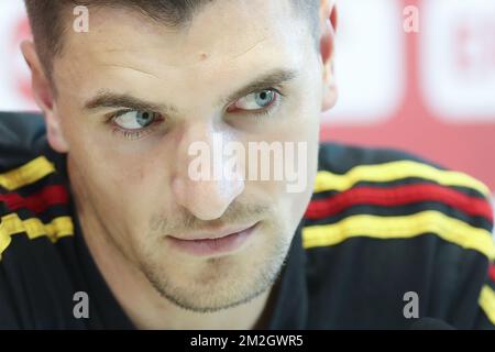 Thomas Meunier, in Belgio, ha illustrato in una conferenza stampa della nazionale belga di calcio The Red Devils a Dedovsk, vicino a Mosca, Russia, giovedì 12 luglio 2018. Sabato i Devils incontreranno l'Inghilterra al terzo posto della Coppa del mondo FIFA 2018. FOTO DI BELGA LAURIE DIEFFEMBACQ Foto Stock