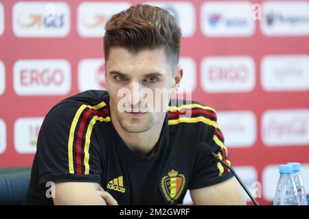 Thomas Meunier, in Belgio, ha illustrato in una conferenza stampa della nazionale belga di calcio The Red Devils a Dedovsk, vicino a Mosca, Russia, giovedì 12 luglio 2018. Sabato i Devils incontreranno l'Inghilterra al terzo posto della Coppa del mondo FIFA 2018. FOTO DI BELGA LAURIE DIEFFEMBACQ Foto Stock