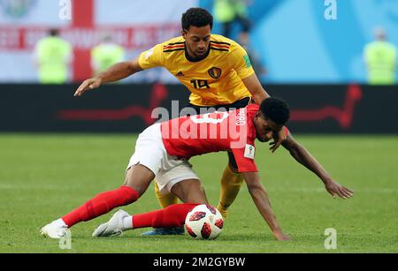 England's Marcus Rashford and Belgium's Mousa Dembele pictured in action during a soccer game between Belgian national soccer team the Red Devils and England, the third place play-off of the 2018 FIFA World Cup, Saturday 14 July 2018 in Saint-Petersburg, Russia. BELGA PHOTO BRUNO FAHY Stock Photo