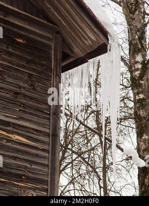 I ghiaccioli affilati e congelati appendono sull'angolo del tetto, in inverno o in primavera. Muratura in legno di una vecchia casa in legno con finestre. Grandi cascate di ghiaccioli in file lisce e belle. Nuvoloso giorno d'inverno, luce soffusa Foto Stock