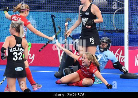 Belgium's Louise Versavel celebrates after scoring during the game between New Zealand and Belgium in the group D at the Hockey Women's World Cup, in London, UK, Sunday 22 July 2018. The Hockey Women's World Cup takes place grom 21 July to 05 August at the Lee Valley Hockey Centre in London. BELGA PHOTO BENOIT DOPPAGNE  Stock Photo