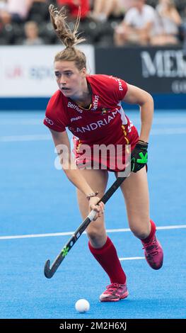 Aline Fobe del Belgio ha mostrato in azione durante la partita tra Australia e Belgio nel gruppo D alla Hockey Women's World Cup, a Londra, Regno Unito, martedì 24 luglio 2018. La Coppa del mondo di Hockey femminile si svolge dal 21 luglio al 05 agosto presso il Lee Valley Hockey Centre di Londra. BELGA FOTO BENOIT DOPPAGNE Foto Stock