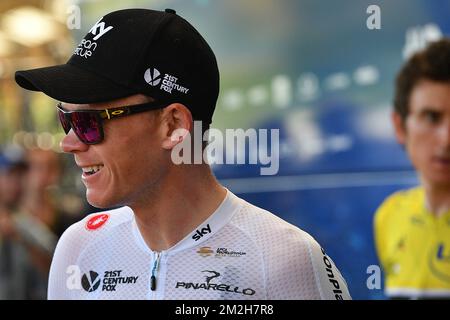 Il britannico Chris Froome del Team Sky ha illustrato al via della 18th tappa della 105th edizione della gara ciclistica Tour de France, 171km da Trie-sur-Baise a Pau, Francia, giovedì 26 luglio 2018. Il Tour de France di quest'anno si svolge dal 7th al 29th luglio. FOTO DI BELGA DAVID STOCKMAN Foto Stock