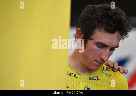 Il britannico Geraint Thomas del Team Sky indossa la maglia gialla del leader assoluto raffigurata all'inizio della 18th tappa della 105th edizione della gara ciclistica Tour de France, 171km da Trie-sur-Baise a Pau, Francia, giovedì 26 luglio 2018. Il Tour de France di quest'anno si svolge dal 7th al 29th luglio. FOTO DI BELGA DAVID STOCKMAN Foto Stock