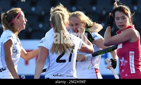 I giocatori belgi festeggiano durante la partita tra Giappone e Belgio nel gruppo D alla Hockey Women's World Cup di Londra, Regno Unito, sabato 28 luglio 2018. La Coppa del mondo di Hockey femminile si svolge dal 21 luglio al 05 agosto presso il Lee Valley Hockey Centre di Londra. BELGA FOTO BENOIT DOPPAGNE Foto Stock