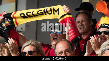 I tifosi belgi festeggiano dopo la partita tra Giappone e Belgio nel gruppo D alla Hockey Women's World Cup, a Londra, Regno Unito, sabato 28 luglio 2018. La Coppa del mondo di Hockey femminile si svolge dal 21 luglio al 05 agosto presso il Lee Valley Hockey Centre di Londra. BELGA FOTO BENOIT DOPPAGNE Foto Stock