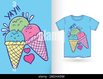 Grazioso gelato disegnato a mano per t-shirt con modello Illustrazione Vettoriale