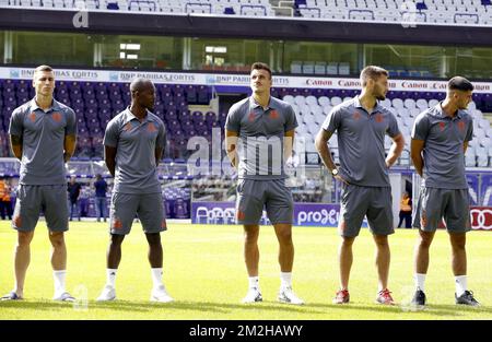 Ognjen Vranjes di Anderlecht, Knowledge Musona di Anderlecht, Ivan Santini di Anderlecht, Thomas Didillon, portiere di Anderlecht e Elias Cobbaut di Anderlecht, raffigurati durante la giornata dei tifosi della squadra di calcio RSC Anderlecht, domenica 29 luglio 2018 ad Anderlecht, Bruxelles. FOTO DI BELGA NICOLAS MAETERLINCK Foto Stock