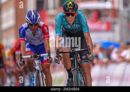 Lo svizzero Patrick Muller del Vital Concept Cycling Club arriva alla seconda tappa del Tour De Wallonie, a 167,2 km da Villers-la-Ville a Namur, domenica 29 luglio 2018. BELGA FOTO LUC CLAESSEN Foto Stock