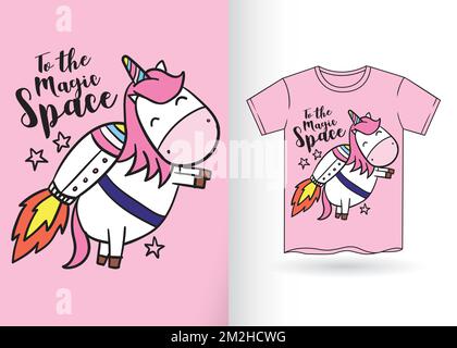 Simpatico unicorno disegnato a mano per t-shirt con modello Illustrazione Vettoriale