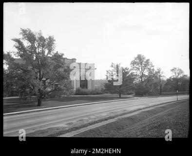 Dipartimento di distribuzione, Chestnut Hill Reservoir, lavorare su alberi di Elm inglesi lungo Beacon Street; guardando verso Chestnut Hill Low Service Pumping Station, Brighton, Mass., 1920-1921 novembre , acquedotto, alberi Foto Stock