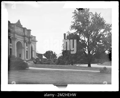 Dipartimento di distribuzione, Chestnut Hill Reservoir, lavorare su alberi di Elm inglesi lungo Beacon Street; guardando verso Chestnut Hill Low Service Pumping Station and Garage, Brighton, Mass., 1920-1921 novembre , opere d'acqua, alberi Foto Stock