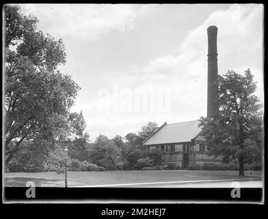 Dipartimento di distribuzione, Chestnut Hill Reservoir, lavorare su alberi di Elm inglesi lungo Beacon Street; guardando verso Chestnut Hill High Service Pumping Station, Brighton, Mass., 1920-1921 novembre , acquedotto, alberi Foto Stock