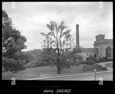 Dipartimento di distribuzione, Chestnut Hill Reservoir, lavorare su alberi di Elm inglesi lungo Beacon Street; guardando verso Chestnut Hill Low Service Pumping Station, Brighton, Mass., 1920-1921 novembre , acquedotto, alberi Foto Stock