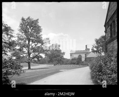 Distribution Department, Chestnut Hill Reservoir, work on English Elm trees along Beacon Street; looking towards Garage and Chestnut Hill Low Service Pumping Station, Brighton, Mass., Nov. 1920-1921 , waterworks, trees Stock Photo