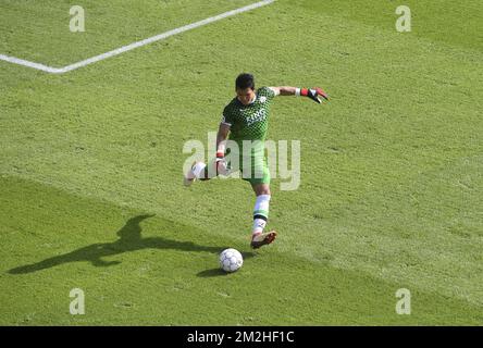 OHL's Thai goalkeeper Kawin Thamsatchanan in action during a soccer game between Oud-Heverlee Leuven and KV Mechelen, in Oud-Heverlee, Saturday 04 August 2018, on the first day of the division 1B Proximus League competition of the Belgian soccer championship. BELGA PHOTO JOHN THYS Stock Photo