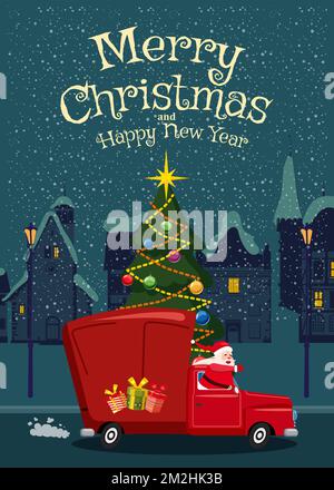 Poster Babbo Natale guida una vecchia auto retrò, camion Illustrazione Vettoriale