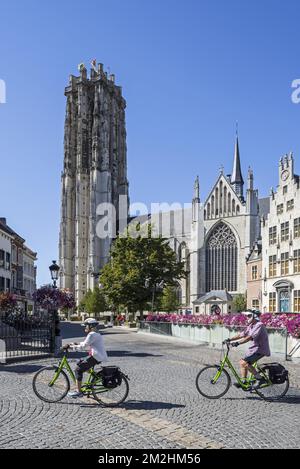 Ciclisti e il St. Cattedrale di Rumbold / Sint-Romboutskathedraal nella città Mechelen / Malines in estate, Anversa, Fiandre, Belgio | la cathédrale Saint-Rombaut et cyclistes dans la ville Malines, Belgique 08/08/2018 Foto Stock