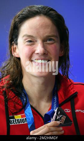 Il nuotatore belga Kimberly acquista pose per il fotografo con la medaglia di Brons alle finali della 50m Butterfly Stroke Swimming Women's in occasione dei Campionati europei di Glasgow, Scozia, giovedì 09 agosto 2018. I campionati europei di diversi sport si terranno a Glasgow dal 03 al 12 agosto. BELGA FOTO BELGA Foto Stock