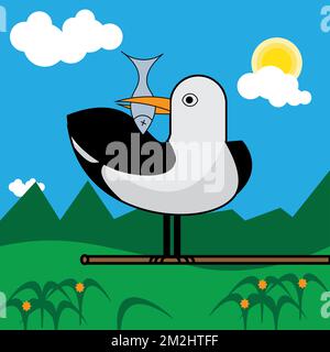 un uccello predica su un'immagine di disegno vettoriale di pesce Foto Stock