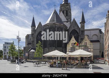 Turisti al caffè sul marciapiede di fronte alla Collegiata di San Walburga / Sint-Walburgakerk nella città Oudenaarde, Fiandre Orientali, Belgio | la collégiale Sainte-Walburge, de style gothique scaldien et brabanzons à Audenarde, Flandre-Orientale, Belgique 14/08/2018 Foto Stock