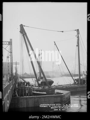Dipartimento di distribuzione, linee di tubature a basso servizio, tunnel a Chelsea North Bridge, Shaft in Place, Mystic River; Charlestown; Chelsea, Mass., 8 gennaio 1901 , lavori d'acqua, gallerie d'acqua, cantieri edili Foto Stock