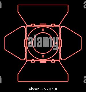 Proiettore da studio neon vista frontale proiettore da studio Spotlight attrezzatura per filmati lampada spot proiettore concept luce vettoriale colore rosso immagine grafica Illustrazione Vettoriale