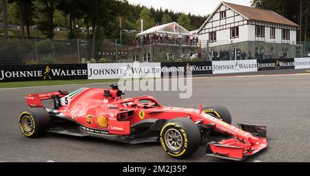 Il pilota tedesco della Ferrari Sebastian Vettel ha illustrato durante i test gratuiti davanti alla Spa-Francorchamps di Formula uno del Gran Premio del Belgio, a Spa-Francorchamps, venerdì 24 agosto 2018. BELGA FOTO BENOIT DOPPAGNE Foto Stock