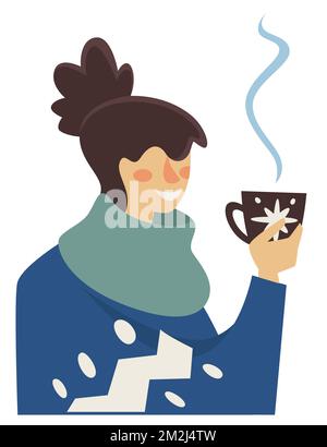 Donna che beve caffè caldo o tè in inverno Illustrazione Vettoriale