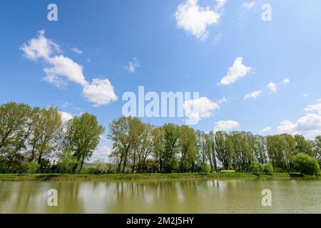 Piccolo lago con un mulino a legna e un'isola dal Parco Chindiei (Parcul Chindiei) a Targoviste, Romania, in una soleggiata giornata primaverile con nuvole bianche e blu Foto Stock