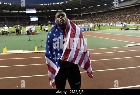 Christian Coleman DEGLI STATI UNITI festeggia dopo aver vinto la gara maschile del 100m all'edizione 2018 dell'AG Insurance Memorial Van Damme IAAF Diamond League, venerdì 31 agosto 2018 a Bruxelles. BELGA FOTO Foto Stock