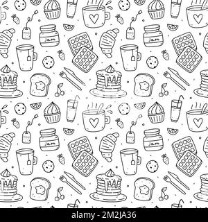 Cute seamless pattern with breakfast food - toasts, jam, coffee, tea, croissants, waffles, pancakes. Vector hand-drawn illustration in doodle style. Perfect for print, wrapping paper, wallpaper. Stock Vector