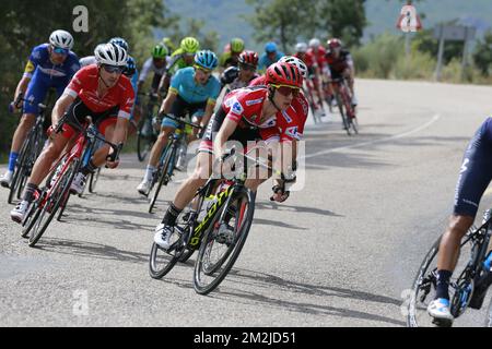 Simon Yates of Mitchelton - Scott ha illustrato nella 11th° tappa della 'Vuelta a Espana', Tour della Spagna, a 207,8 km da Mombuey a Ribeira Sacra, Spagna, mercoledì 05 settembre 2018. FOTO DI BELGA YUZURU SUNADA FRANCE OUT Foto Stock