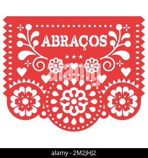 Abracos (hugs in Spanish) Papel Picado vector greeting card design, Valentine's Day paper cutout decoration Mexican, love and support concept Stock Vector