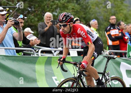 Belgian Maxime Monfort of Lotto Soudal rides the 20th stage of the 'Vuelta a Espana', Tour of Spain cycling race, 97,3km from Escaldes-Engordany to Sant-Julia de Loria, Spain, Saturday 15 September 2018. BELGA PHOTO YUZURU SUNADA FRANCE OUT Stock Photo