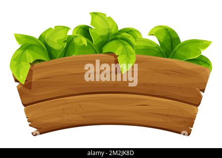 Vecchia tavola di legno, foglie di palma decorate con cartelli in stile cartoon isolato su sfondo bianco. Giungla, elemento tropicale, testurizzato e dettagliata tavola. Risorsa di gioco UI. Illustrazione vettoriale Illustrazione Vettoriale