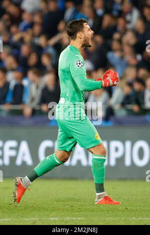 Roman Burki festeggia il portiere di Dortmund dopo aver vinto una partita tra la squadra di calcio belga Club Brugge KV e il club tedesco Borussia Dortmund, a Brugge, martedì 18 settembre 2018, giorno uno della UEFA Champions League, nel gruppo A. BELGA FOTO KURT DESPLENTER Foto Stock