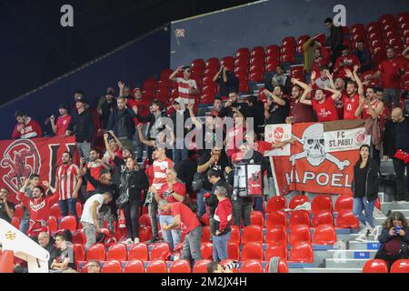 Hapoel's supporters pictured before the return leg basketball match between Spirou Charleroi and Hapoel Tel Aviv, in the first round of qualifications of Basketball Champions League, Monday 24 September 2018 in Charleroi. BELGA PHOTO BRUNO FAHY Stock Photo