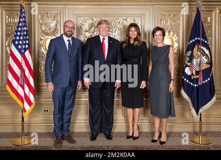 Belgian Prime Minister Charles Michel, US President Donald Trump, First Lady of the US Melania Trump and Amelie Derbaudrenghien, partner of Charles Michel, pose for photographers prior the reception hosted by The President of the United States of America and Mrs. Trump during the 73th session of the United Nations General Assembly, in New-York Monday 24 September 2018. BELGA PHOTO UNITED STATES MISSION TO THE UNITED NATIONS / ANDREA HANKS / BENOIT DOPPAGNE Stock Photo