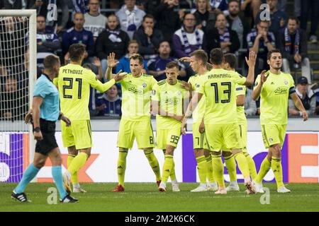 Dinamo Zagreb's players celebrate after scoring during a game of Belgian soccer team RSC Anderlecht against Croatian team Dinamo Zagreb in Anderlecht, Thursday 04 October 2018, on day two of the Europa League group stage, in group D. BELGA PHOTO JASPER JACOBS Stock Photo