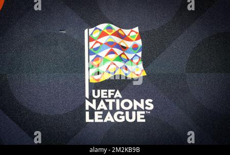 L'immagine mostra il logo della Nation's League raffigurato durante una riunione stampa della nazionale belga The Red Devils a Tubize, giovedì 11 ottobre 2018. Venerdì il Belgio gioca la sua seconda partita nella Lega delle Nazioni contro la Svizzera. BELGA PHOTO VIRGINIE LEFOUR Foto Stock