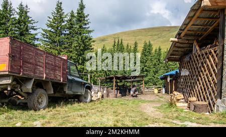 Una vista della bella campagna verde della Contea di Arges in Romania Foto Stock