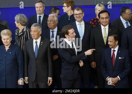 Lithuania President Dalia Grybauskaite (front L), Singapore Prime Minister Lee Hsien Loong (front 2nd L), Portugal Prime Minister Antonio Costa (2nd row, 2nd L), Austrian Minister of Foreign Affairs Sebastian Kurz (front C) and Brunei Sultan Haji Hassanal Bolkiah Mu'izzaddin Waddaulah (front R) pictured during a family picture at the ASEM Asia-Europe Meeting, Friday 19 October 2018, at the European Union headquarters in Brussels. BELGA PHOTO POOL FREDERIC SIERAKOWSKI  Stock Photo