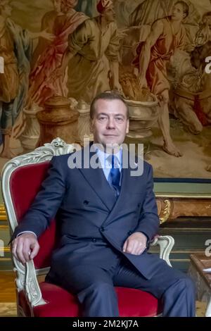 Il primo ministro russo Dimitry Medvedev ha illustrato in un incontro bilaterale tra il primo ministro belga Michel e il suo omologo russo Medvedev, a Bruxelles, venerdì 19 ottobre 2018. BELGA PHOTO DAINA LE LARDIC / BENOIT DOPPAGNE Foto Stock