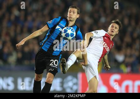 Club's Hans Vanaken and Monaco's Aleksandr Golovin fight for the ball during the soccer match between Club Brugge and French club AS Monaco, Wednesday 24 October 2018 in Brugge, on day three the UEFA Champions League, in group A. BELGA PHOTO BRUNO FAHY Stock Photo