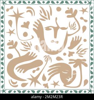 Astratto disegni d'arte Contemporary Face Hands Palm Tree Nature Bubble Doodles disegnati a mano Gold Sand e Sage Colors Illustrazione Vettoriale