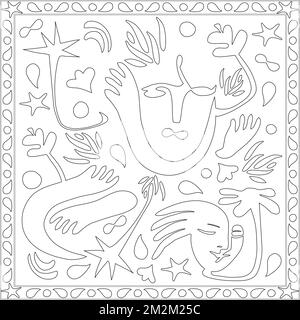 Astratto disegni d'Arte Contemporary Face Hands Palm Tree Nature Bubble Doodles Hand disegnato coloring Page Illustrazione Vettoriale
