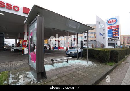 Illustration picture shows a damaged bus stop in Charleroi, Sunday 25 November 2018, after a clash between police and 'Gilets Jaunes' protestors yesterday evening. The 'Yellow Vests' have been protesting against high fuel prices in France and Belgium the last week, blocking fuel depots and highways. BELGA PHOTO VIRGINIE LEFOUR  Stock Photo