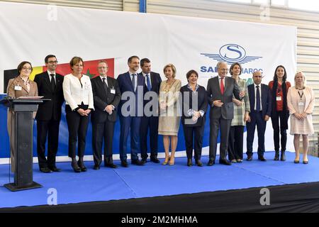 Belgian ambassador in Morocco, Marc Trenteseau, Sabca CEO Thibauld Jongen, Sabena Aerospace CEO Stephane Burton, Princess Astrid of Belgium, Brussels region State Secretary Cecile Jodogne , Vice-Prime Minister and Foreign Minister Didier Reynders, Bénédicte Wilders, Director General BIE, Hub Brussels CEO Isabelle Grippa and Fabienne L'Hoost, director general ABH ACE pictured at the visit of Sabca Maroc on the second day of an economic mission to the Kingdom of Morocco, Monday 26 November 2018, starting in Casablanca. BELGA PHOTO DIRK WAEM Stock Photo