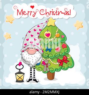 Biglietto di auguri di Natale con simpatico Gnome e albero su sfondo blu. Illustrazione vettoriale Illustrazione Vettoriale